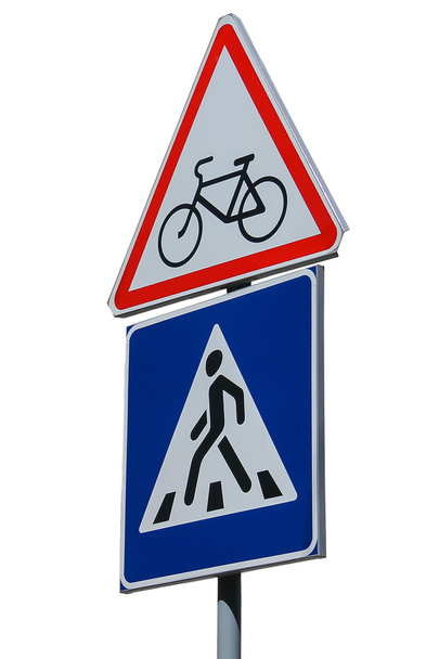 Segnali stradali isolati su bianco (Attenzione per ciclisti e piedistallo
 - Foto, immagini