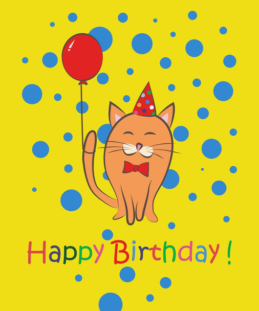 Alles Gute zum Geburtstag. Katze mit Tulpen. Farbkarte. Vektorillustration - Vektor, Bild