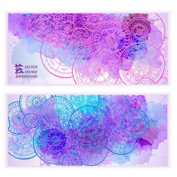Set of vector template banners with watercolor paint abstract background and doodle hand drawn mandalas. - Wektor, obraz