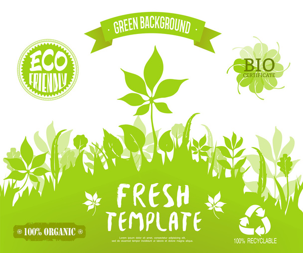 100% Bio, umweltfreundlich, Bio-Zertifikat, recycelbare Etikette.Grüner Wald Silhouette Hintergrund. Vektorbanner, Broschüre oder Webseiten-Vorlage. grüner und frischer Hintergrund - Vektor, Bild