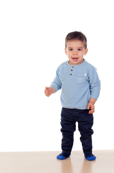 Adorable baby boy in blue sweater - 写真・画像