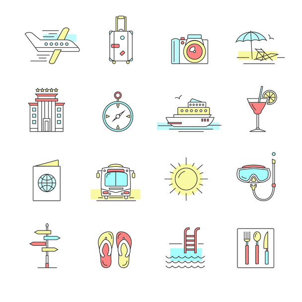 Tourism, hotel and travel icon set in flat line style - Vector, Image