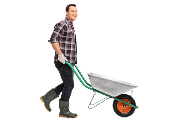 Gardener pushing an empty wheelbarrow  - 写真・画像