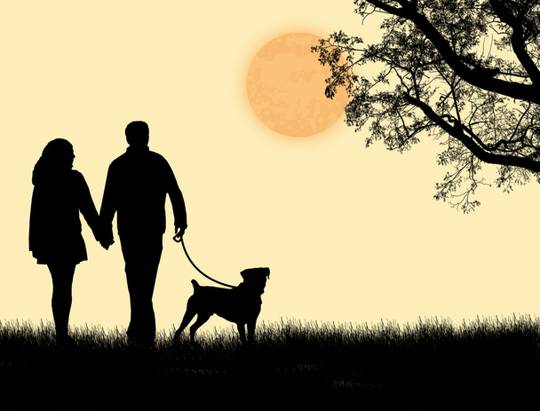 σιλουέτα του ένα ζευγάρι περπάτημα το σκυλί τους στο ηλιοβασίλεμα - Διάνυσμα, εικόνα