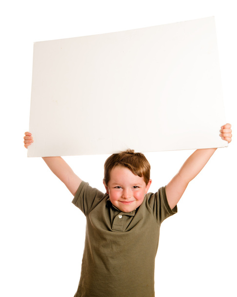 Portrait of young child boy holding blank sign with room for your copy isolated on white - Φωτογραφία, εικόνα