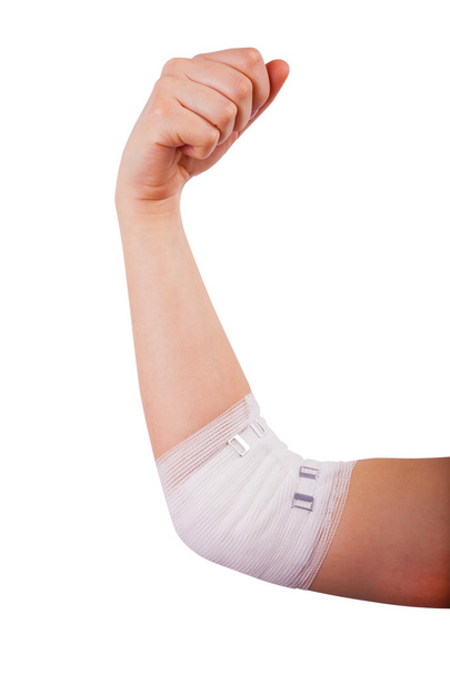 Geïsoleerde hand van vrouw gewond pijnlijke elleboog met witte pleister - Foto, afbeelding