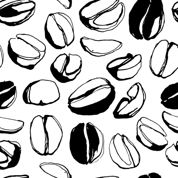 Grungy hand drawn ink roasted coffee beans seamless pattern. Bla - Vektor, Bild
