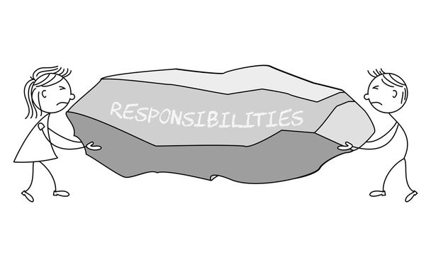 Cartoon stokcijfers uitvoering een rots geëtiketteerd "verantwoordelijkheden" - Vector, afbeelding