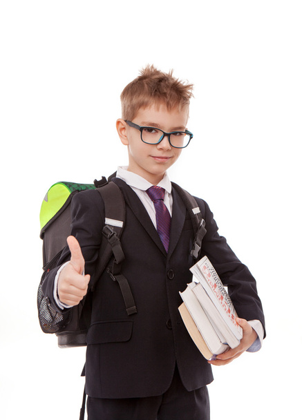 schoolboy with a backpack, a pile of books isolated on white background - Photo, Image