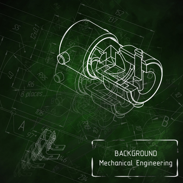 Mechanical engineering drawings on green blackboard - Vector, Image