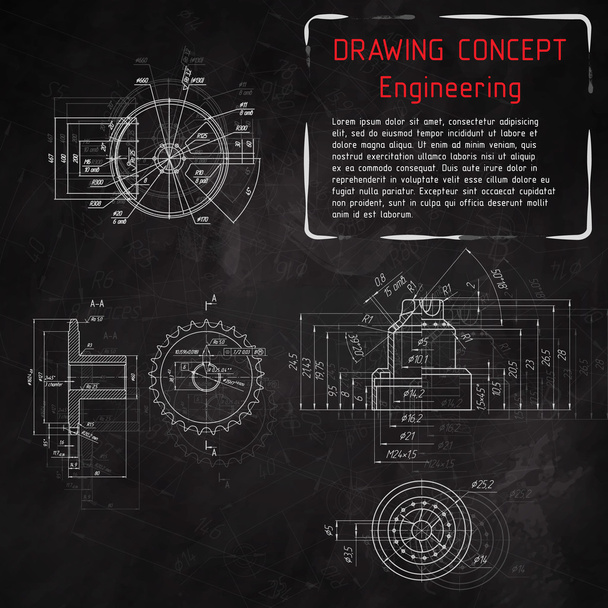 Mechanical engineering drawings on blackboard - Vector, Image