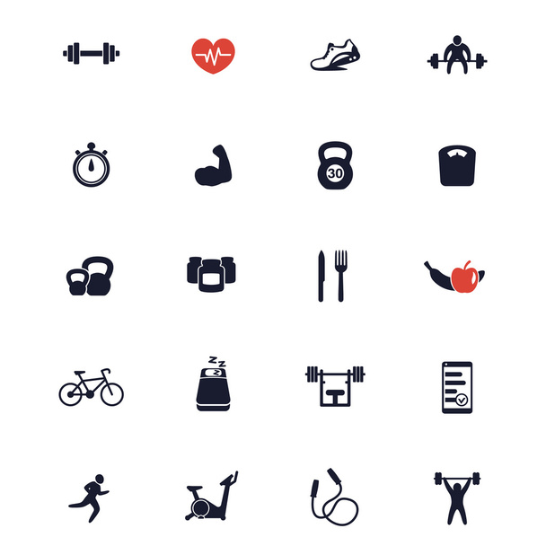 20 fitness icons, active lifestyle, fitness vector icons, gym, sport, workout, training icons, fitness signs isolated on white, vector illustration - Vector, afbeelding
