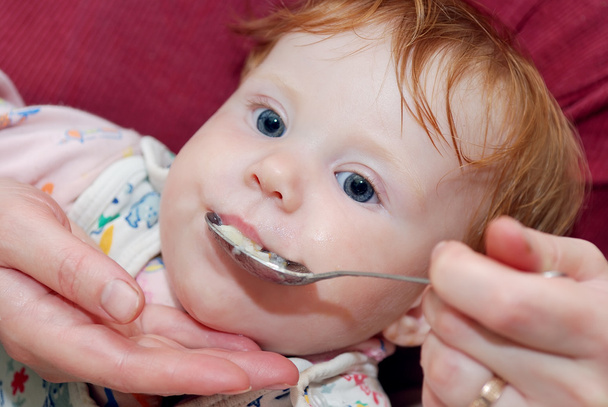 Alimentação do bebê com colher
 - Fotografia, imagem