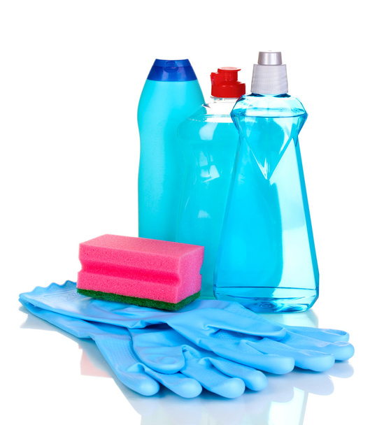 Detergents with gloves and sponge isolated on white - Photo, Image