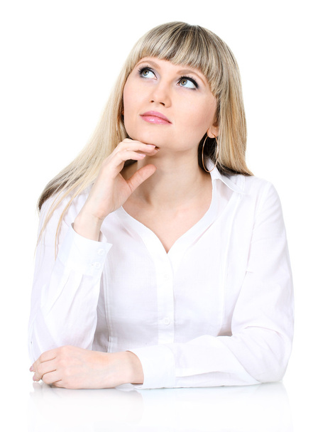 Pensive business woman isolated on white - Φωτογραφία, εικόνα