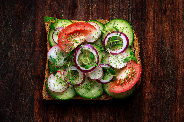 Vegetarian toast, sandwich with vegetables top view - Photo, Image