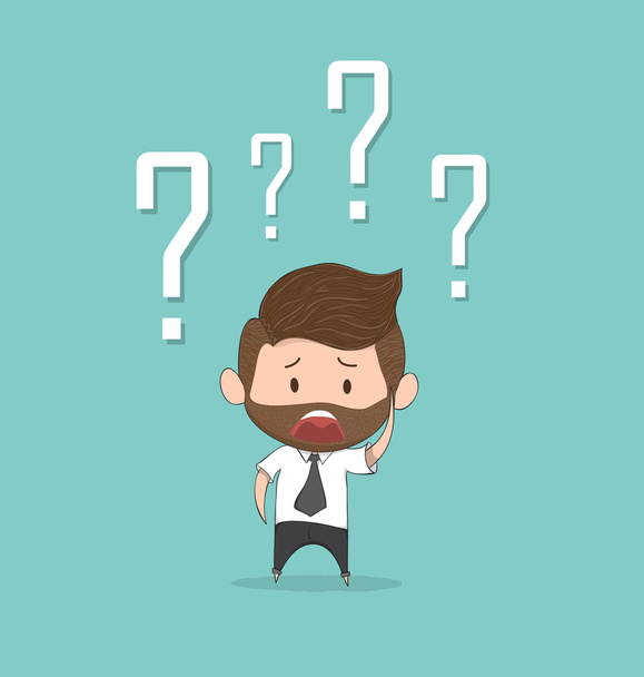 Confusing cute business man with question marks above his head,  - Vector, Image