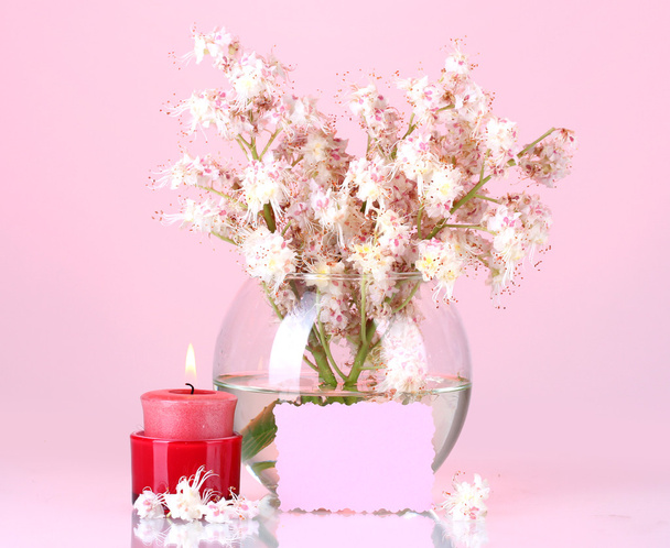 Composition of vase of chestnuts flowers, a candle and a note on colorful background - Foto, Bild