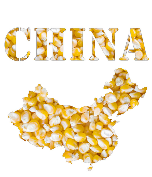 Текстура семян кукурузы желтого цвета в форме слова "Китай" и географической карты страны. Изображение выделено на белом фоне
. - Фото, изображение