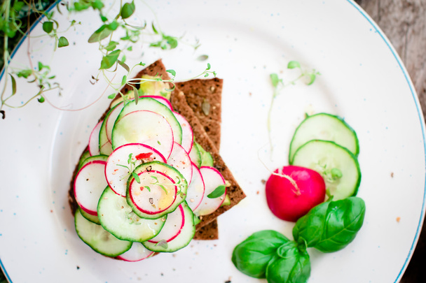 Sandwich végétalien à l'avocat écrasé, concombre frais, radis et herbes
 - Photo, image