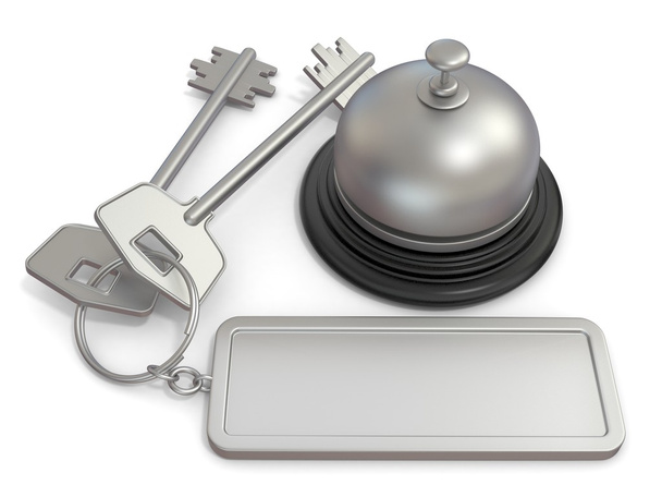 Hotel key with rectangular blank label on ring and reception bell. 3D - Fotografie, Obrázek