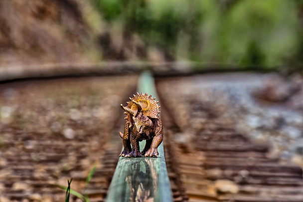 Bruin triceratops dinosaurus wandelen op railroad tracks - Foto, afbeelding