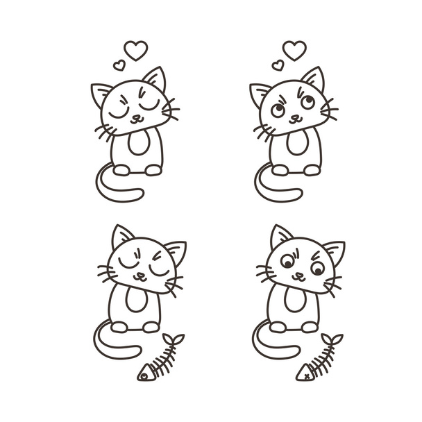 Conjunto de caracteres de Gato lindo. Satisfechos gatitos alimentados. Cuidado con espina de pez. - Vector, Imagen