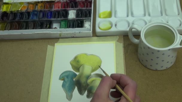 Painting yellow boletus radicans mushrooms - Footage, Video