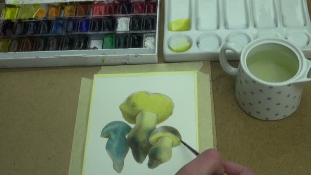 Painting yellow and blue boletus radicans mushrooms - Footage, Video