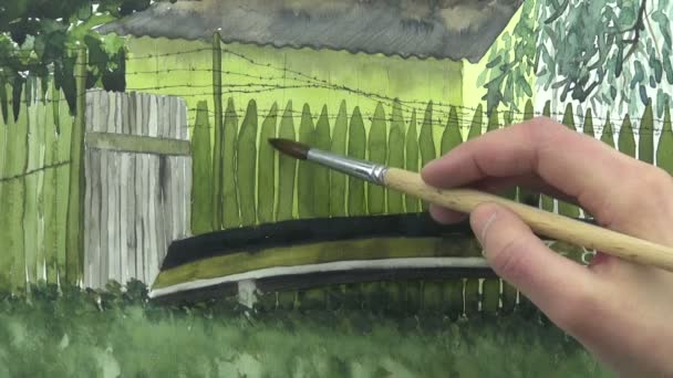 Painting landscape with green fence and boat - Footage, Video