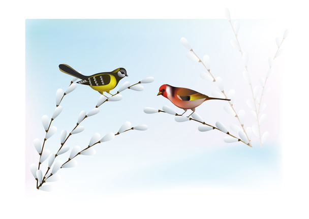 Весенний ландшафт с птицами
 - Вектор,изображение