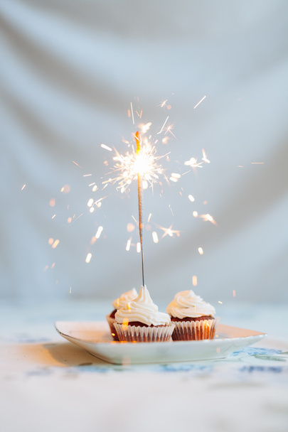 誕生日ケーキ、線香花火と - 写真・画像