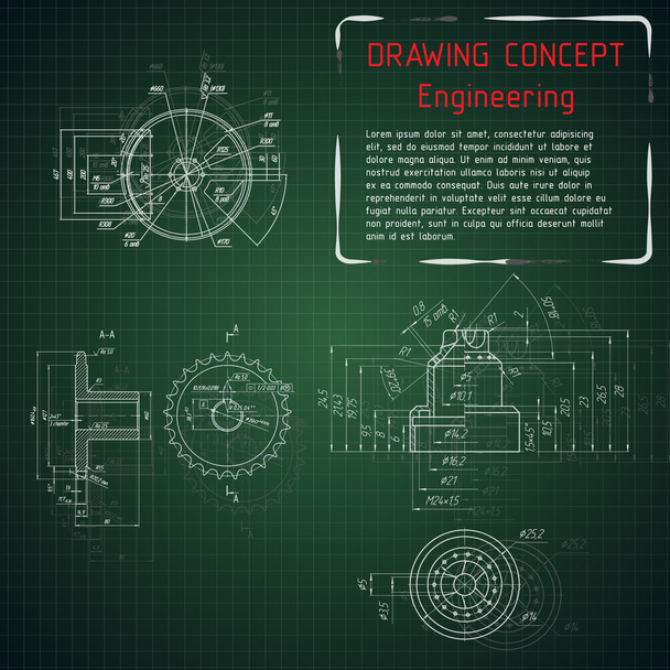 Μηχανολόγων Μηχανικών σχέδια σε πράσινο πίνακα - Διάνυσμα, εικόνα