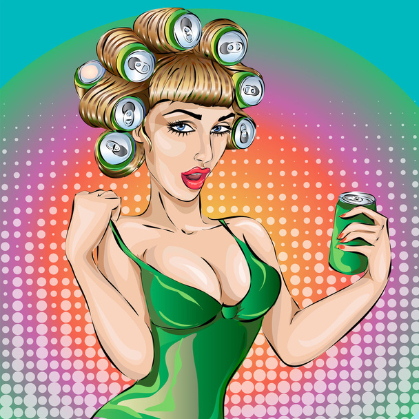 Sexy pop art woman with hair curler - Διάνυσμα, εικόνα