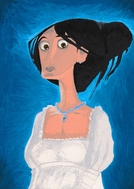 Girl portrait on canvas with oil paints. View girl on a blue background in a white dress. - Photo, Image