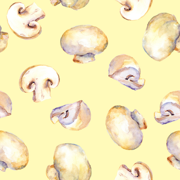 Yellow repeating pattern with natural mushrooms champignon - Zdjęcie, obraz