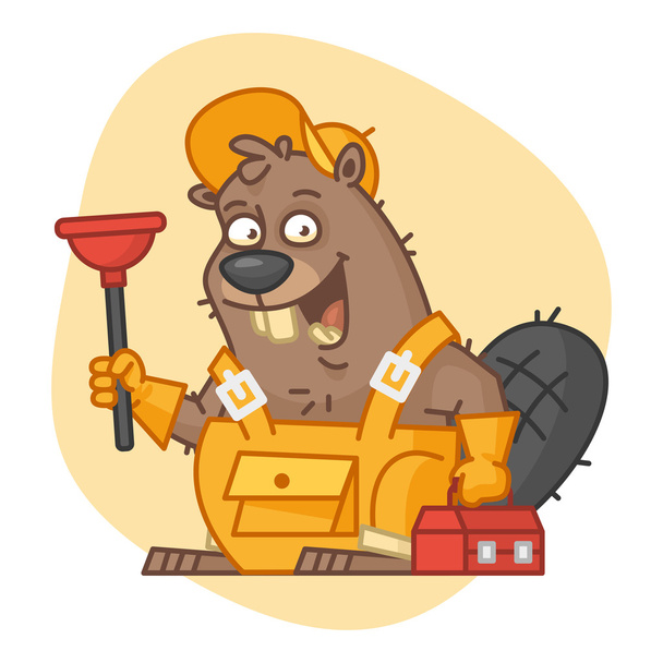 Beaver Holds Plunger and Tools - Vector, Image