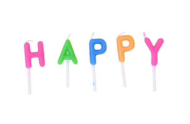 Colorful candles in letters - Happy isolated on white background (clipping path) - Photo, Image