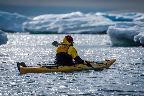 Backlit kayaker paddling past icebergs in sunshine - Photo, Image