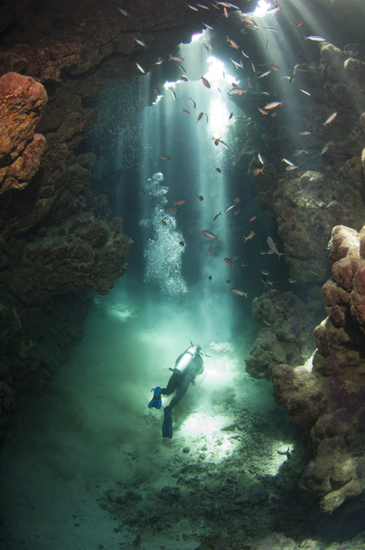 Mergulhador em uma caverna subaquática
 - Foto, Imagem