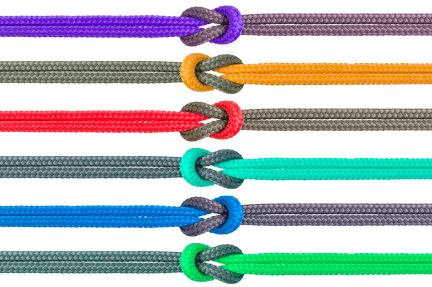 Diferentes cuerdas atadas aisladas sobre fondo blanco
 - Foto, imagen