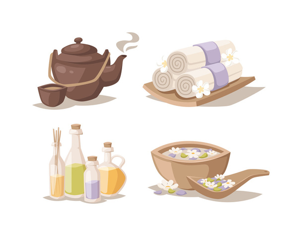Wellness-Skizze dekorative Symbole Set mit Bambushandtüchern Duftkerzen Öle Vektor. - Vektor, Bild