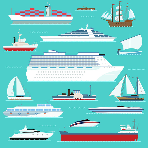 Super set di navi d'acqua carrozza barca marittima, nave, nave da guerra, yacht, wherry, trasporto hovercraft in moderno stile vettoriale design piatto
. - Vettoriali, immagini