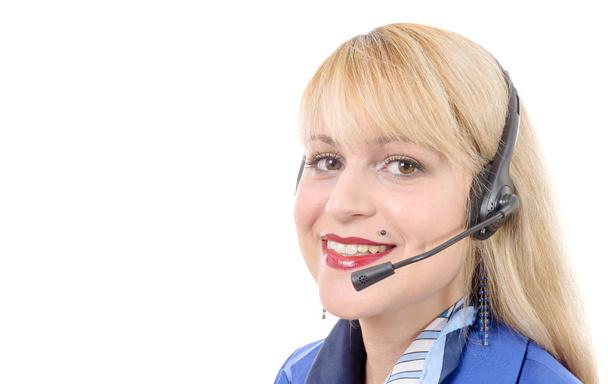 portret szczęśliwy uśmiechający się wesoły obsługi telefonu operatora w hea - Zdjęcie, obraz
