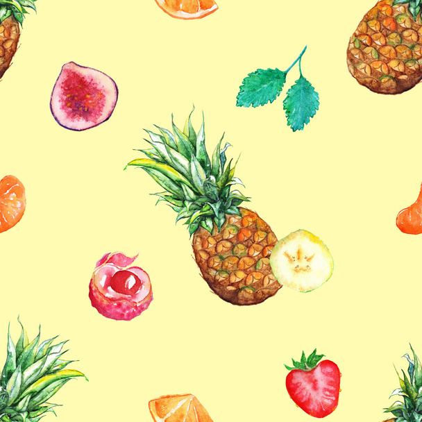 Watercolor tropical fruit berry seamless pattern background - Photo, Image
