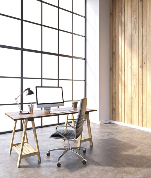 Workplace with computer and castor chair, hall with panoramic windows and wooden walls. Loft. Concept of new office. Mock up. 3D rendering - Φωτογραφία, εικόνα