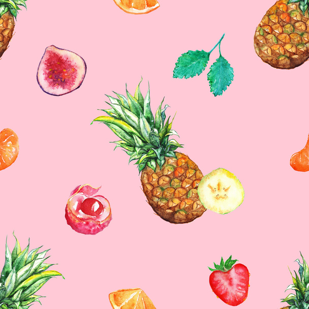 Watercolor tropical fruit berry seamless pattern background - Photo, Image