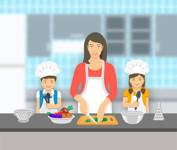 Madre e hijos cocinando juntos en la cocina ilustración plana
 - Vector, imagen