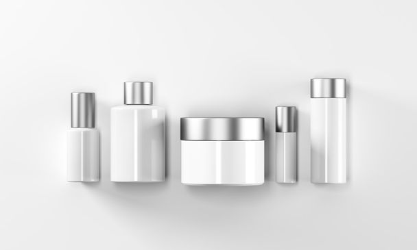 Row of cream boxes of different shapes. White background. Concept of cosmetics. Mock up. 3D rendering - Fotó, kép