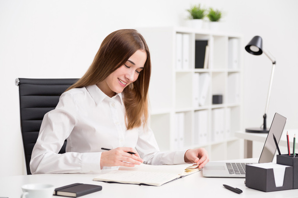 Smiling young businesswoman making notes. Office background. Concept of work. - Fotoğraf, Görsel